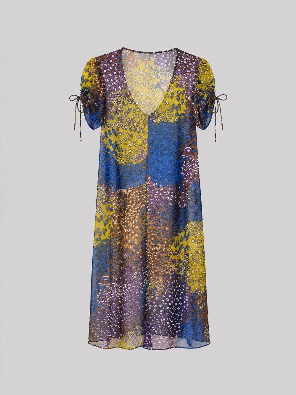 Vibrant Patchwork Print V-Neck Dress in Yellow, Blue & Purple